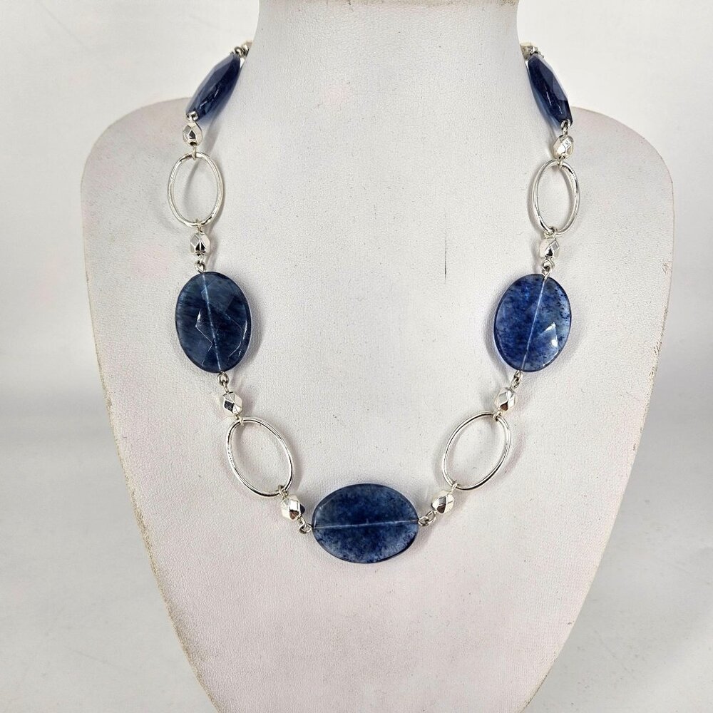 Necklace Blue Silver Toned Chain Glass Bead Light Circle Fashion Costume 16" NEW - Picture 3 of 8
